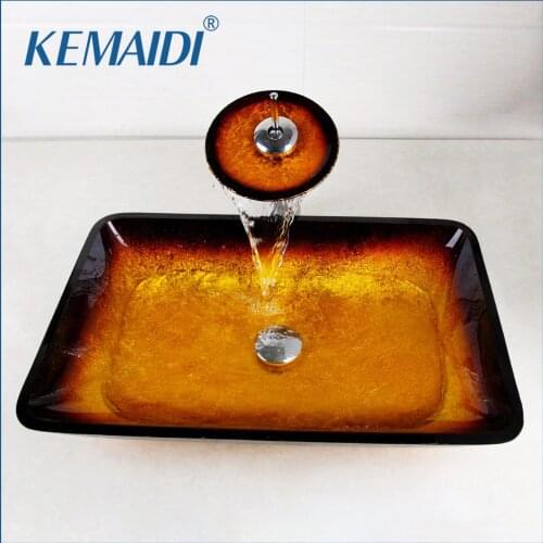 KEMAIDI Rectangle Glass Lavatory Bath Sink Set Torneira Mixer Faucet Basin Single Handles Tap+Bathroom Sink Washbasin Sets