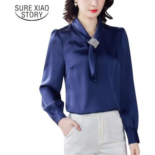 New Office Lady Long Sleeve Silk Women Shirts with Tie 2021 Satin Blouse for Women V Neck Plus Size Ladies Tops Clothing 12862