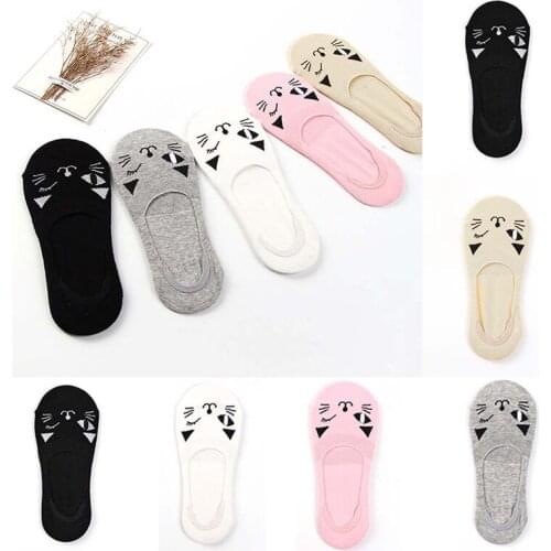 New Women Cotton Anti-skid Invisible Liner Socks Cute Cat Solid Elastic Comfy Female Ankle Boat Low Cut Breathable Short Socks