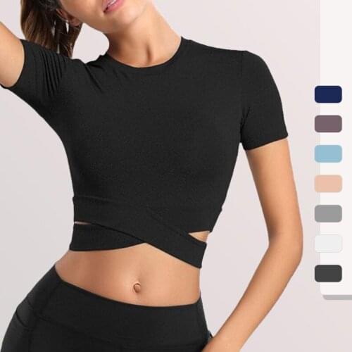 Tight Yoga Sexy Exposed Navel Shirts Women Short Sleeve Cropped Gym Tops Fitness Running Workout Sport T-Shirts Tank Sportswear