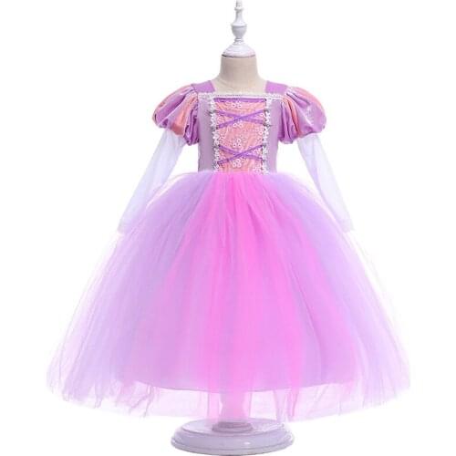 FINDPITAYA Girls Dress Long Puff Sleeve Sofia Dress Children Kids Birthday Carnival Party Princess Long Hair Cosplay Costume