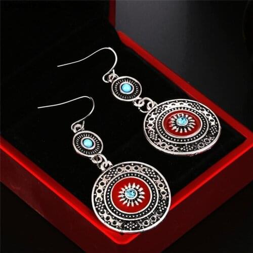 Silver Plated Vintage Ethnic Style Brincos Bohemian Antique Red Enamel Rhinestone Alloy Flower Drop Earrings 1Pair For Women