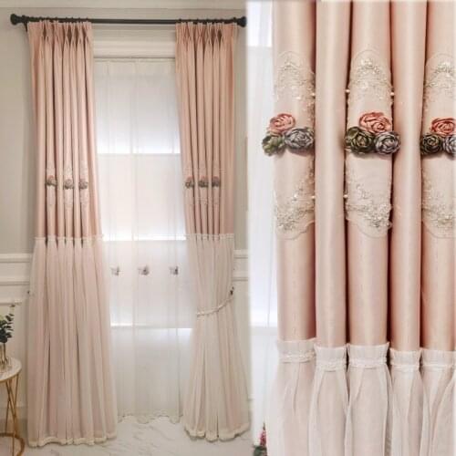 Pink Luxury Princess Embossed Flower Bead Tulle Curtain White Lace Curtain For Living Room Window Treatment Drape JK251D