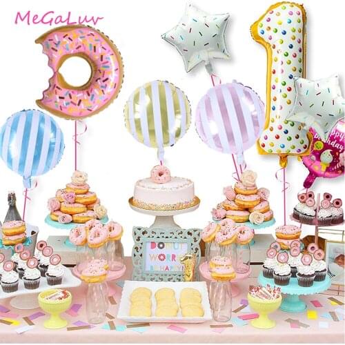 Pink Donuts Party Supplies Candy Ice Cream Donuts Foil Balloons Happy Brithday Inflatable Helium Ball Baby Shower Birthday Decor