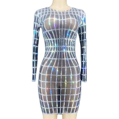 Rhinestones Plaid Mini Dress O-Neck Black Long Sleeve Mesh Gauze Perspective Dresses Bar Dance Nightclub Outfit Performance Suit