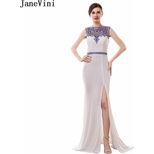 JaneVini Vintage Long Plus Size Bridesmaid Dresses Sweep Train 2018 Sexy High Split White Mermaid Formal Prom Gowns with Beaded