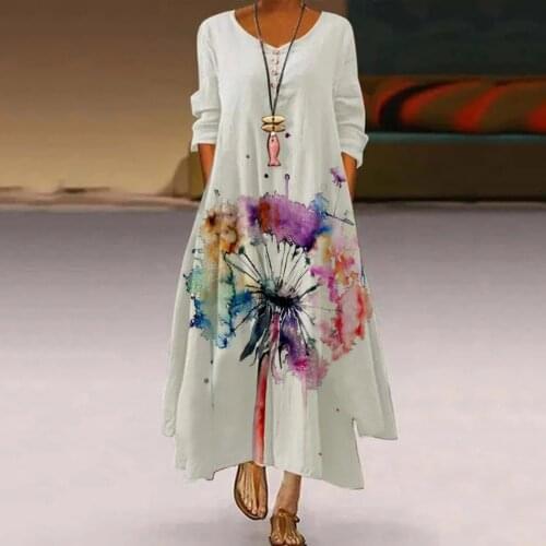 Vintage Bohemian Dresses Women Plus Size flora printed Streetwear Dresses Long Sleeve O Neck button pocket beach Dress