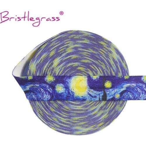 BRISTLEGRASS Wholesale 50 Yard 5/8" 15mm Van Gogh Starry Night Print FOE Fold Over Elastics Spandex Satin Band Dress Sewing Trim