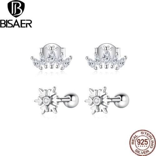 BISAER Shining Crown 925 Sterling Silver Queen Sparking Stud Earrings For Women Girl Fashion Party Jewelry Brincos ECE649