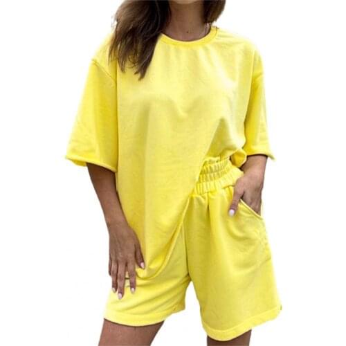 Lady Summer Loose Solid Color Tracksuit Pockets Round Neck Short Sleeve T-shirt Casual High Wais Matching Shorts Set for Sport