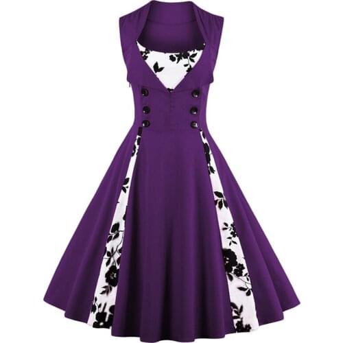 Red purple robe pin up sukienka Women retro sleeveless print patchwork double-button swing dress frocks Robe vintage rockabilly