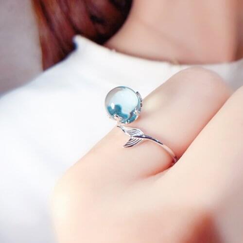 DreamySky Real Silver Color Ball Fish Mermaid Tail Rings For Women Open Size Wedding Ring Beautiful Jewelry Drop Shipping