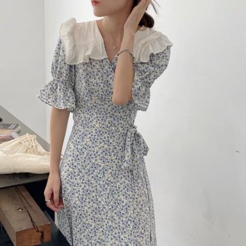 2021 New Women Summer Vintage Bandage Long Floral Dress Peter Pan Collar Wrapped Sundress