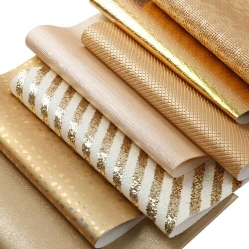 Gold Series Faux Leather Sheets Chunky Glitter Metallic Lychee Synthetic Leather Fabric Set Solid Color for DIY Handmade Bows
