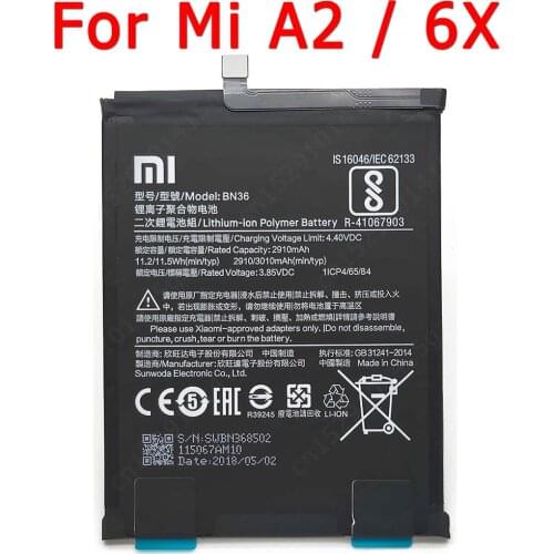 100% Original New For Xiaomi Mi A2 6X Battery BN36 2910mAh Li-ion Built-in Batteries Replacement Spare Parts