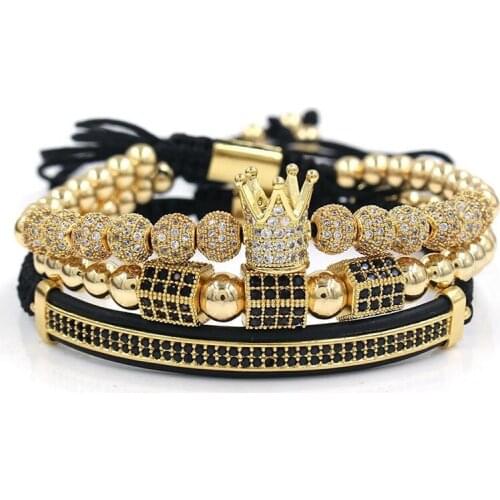 3PCS/Set Pave CZ Crown Braided Bracelet For Men Luxuy Zircon Beads Bracelet Trendy Male Jewelry Gift