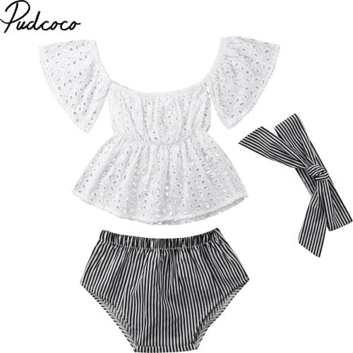 2019 Brand New Newborn Toddler Infant Baby Girls Lace Off Shoulder Top Stripe Shorts Headband 3Pcs Outfits Sunsuit Clothes