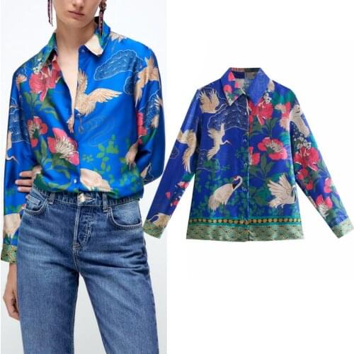TRAF Women Shirt Za 2021 Blue Floral Top Woman Button Up Vintage Shirt Print Satin Blouse Female Autumn Long Sleeve Blouse