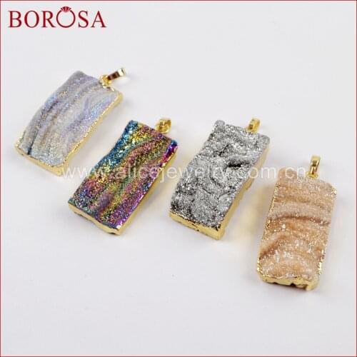 BOROSA 10PCS NEW Gold Color Rectangle Rainbow Titanium Galaxy Druzy Quartz Pendant Beads Jewelry for Necklace for Women G1612
