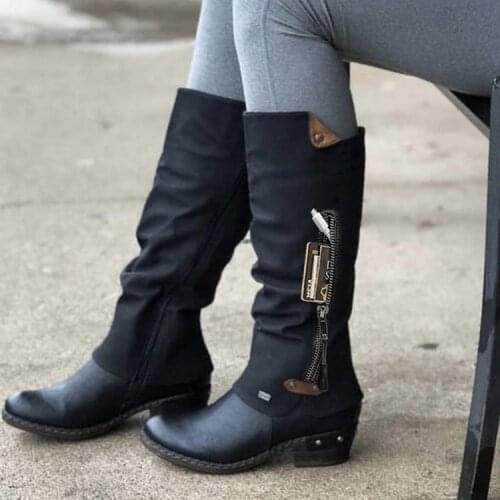 Round Head Side Zipper Martin Boots Thicken Winter Knight Boots Women Knee High Long Square Heel Boots Retro Motorcycle Boots
