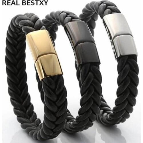 REAL BESTXY Custom Logo Black Bangle Leather Bracelet Stainless Steel Magnetic Clasp for Men Jewelry Punk Charm Christmas