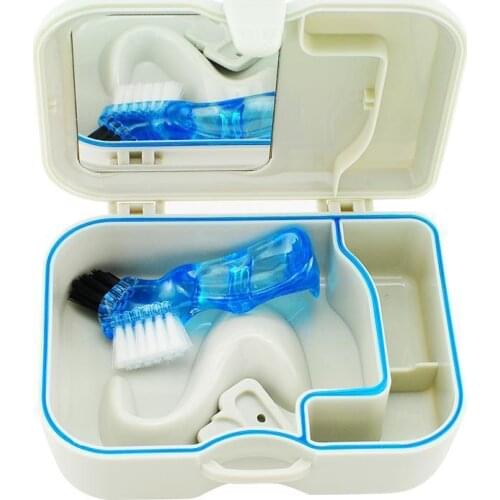 Denture Storage Box Case With Mirror and Clean Brush Dental Appliance