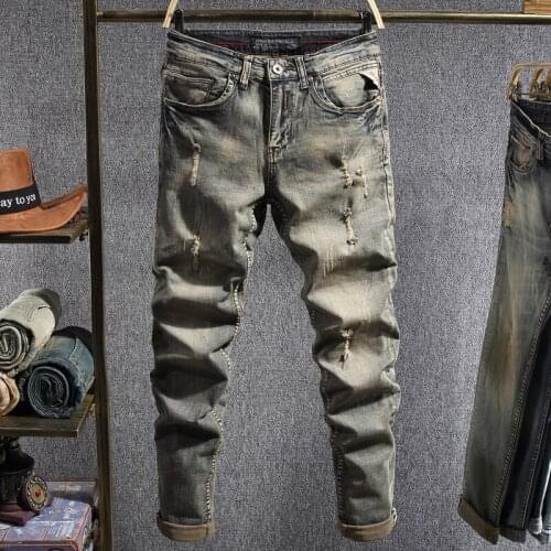 European Vintage Fashion Men Jeans Retro Yellow Distressed Washed Elastic Ripped Jeans Men Slim Fit Designer Casual Denim Pants
