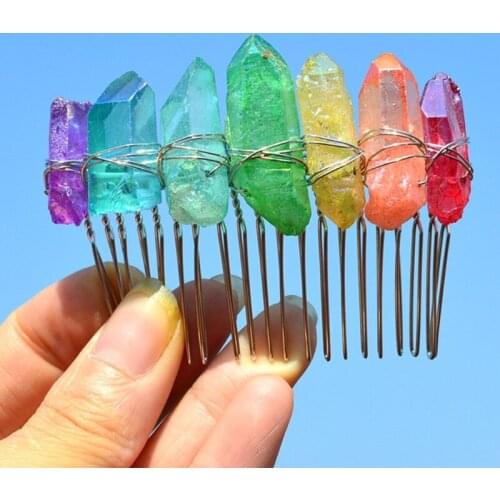 F3MD Wedding Bridal Jewelry Side Combs Rainbow Multicolor Raw Crystal Quartz Hairstyle Tiara Boho Vintage Metal Hairpins Clip