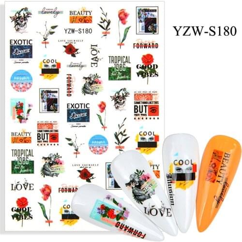 Geometric nail art sticker Spring summer flowers human face Graffiti tattoo self adhesive nail decal FW094