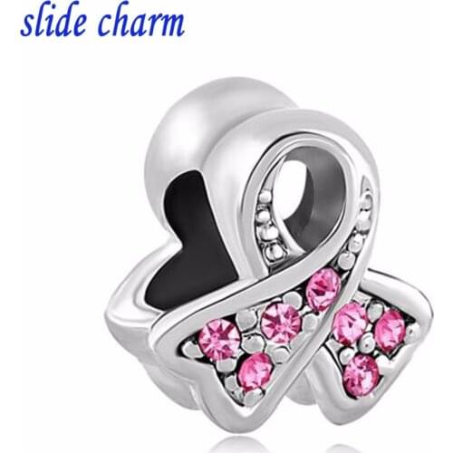 Slide charm Free shipping breast cancer pink ribbon-shaped rhinestone charm beads fit Pandora bracelet