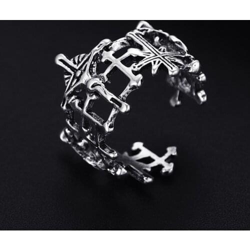 Trendy Vintage Cross Antique Silver Plated Punk Hiphop Rock Style Resizable Rings for Women Girl & Man Retro Party Jewelry