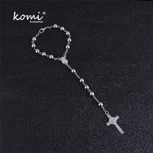 Komi New Trendy Catholic Rosary Metal Sliver Beaded Cross Pendant Bracelets for Women Couple Bangles Religious Jewelry Gifts