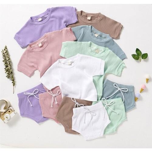 2020 Baby Summer Clothing Infant Newborn Baby Boy Girls 2Pcs Set Ribbed Outfits Short Sleeve T Shirt Tops Shorts Bottoms Outfit