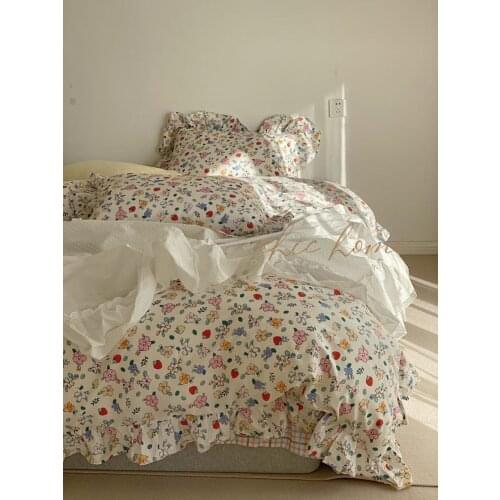 Froral Printed Bedding Set 100% Cotton Flat Bed Sheet Pillowcases Duvet Cover 3/4Pcs Luxury French Style Retro Queen Bed Sets