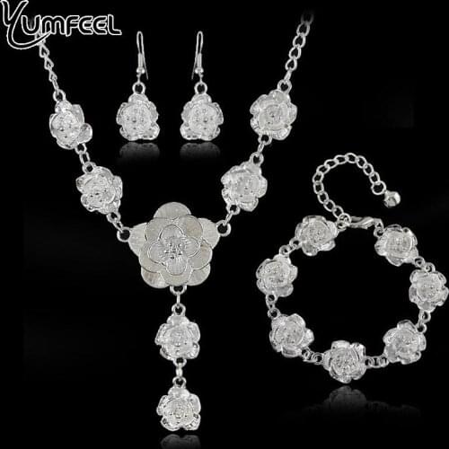Yumfeel Brand Silver Plated Rose Flower Jewelry Set Necklace Earrings Bracelet Set