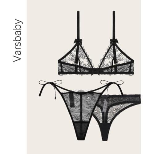 Varsbaby Women Lingerie Set Sexy Lace Bra Sets Underwire See Through Bra Low Rise Thong +Ultrathin G-string Underwear