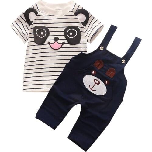 Summer Toddler KidsSports Suit Boy Little Bear Stripe Short-Sleeve T-shirts+ Straps Pant 2pcs Cute Animal Panda Fashion Outfits