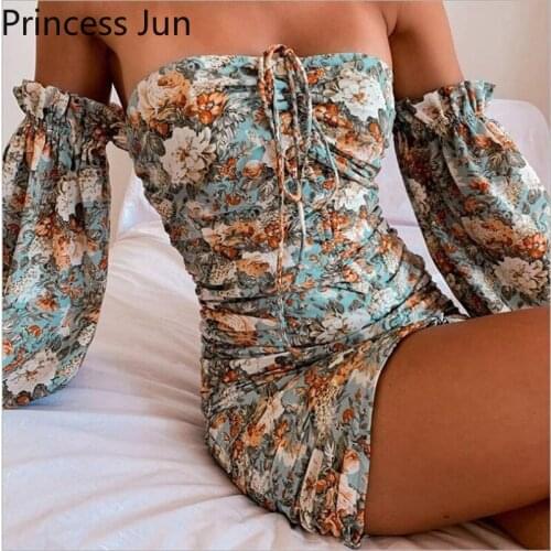 Summer Sexy Slash Neck Holiday Super Mini Dress Off Shoulder Drawstring Floral Flower Dress Backless Pleated Bodycon Party Dress