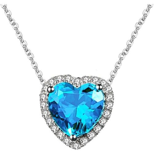 HEART CUTE AQUAMARINE GEMSTONES BLUE CRYSTAL RINGS NECKLACES EARRINGS JEWELRY SETS FOR WOMEN DIAMOND 18K WHITE GOLD SILVER COLOR