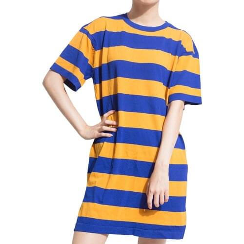 PERHAPS U Knit Stripe Yellow Green Light Blue O-neck Pullover Short Sleeve Mini Short Dress Dress Summer D0915