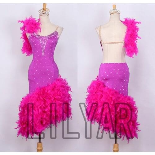 New Latin dance skirt competition skirt performance Skirt Adult custom pink feather hem sexy dance skirt