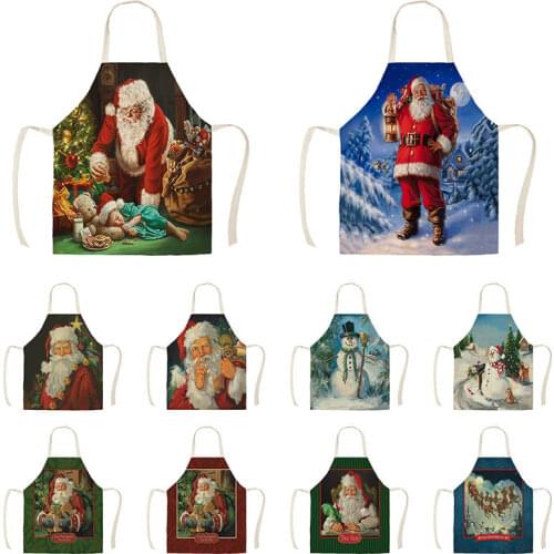 New Santa Claus Snowman Kitchen Aprons for Woman Man Home Cooking Baking Shop Cleaning Cotton Linen Apron WQ1494