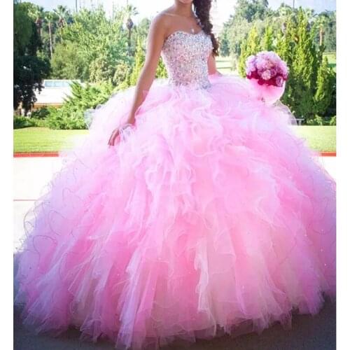 Quinceanera Dresses Pink Ball Gown Sweetheart vestidos 15 anos de princesa Ruffles Puffy Skirt Glitter Beaded Prom Dress Gowns