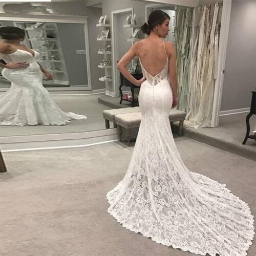 JIERUIZE Sexy Backless Mermaid Lace boho Wedding Dresses Deep V-neck spaghetti Bridal Gowns Bride Dresses robe de mariee