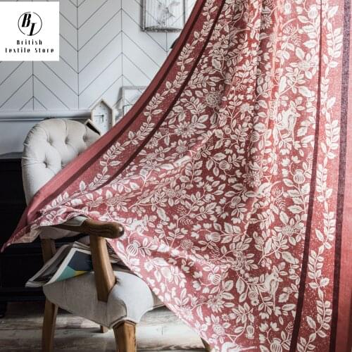 Orange Flower and Bird Printing Curtains for Living Dining Room Bedroom Imitation Cotton and Linen American Bay Window Curtains