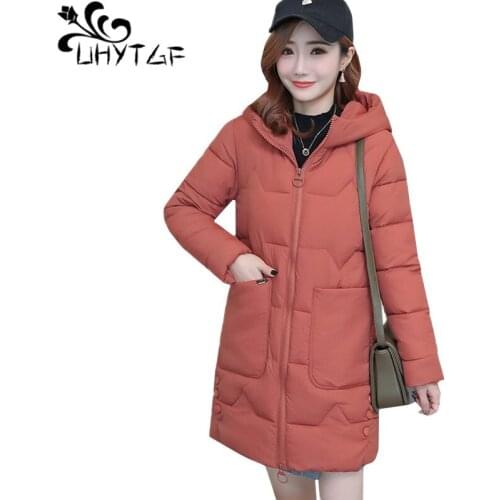 UHYTGF Winter jacket women Hooded down jacket parkas mujer Korean loose plus size cotton coat Pure color casual warm coats 394