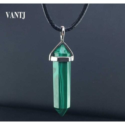 VANTJ Natural Malachite Pendant Sterling 925 Silver Hexagonal prism Crystal Fine Jewelry For Woman Lady Man Party Gift