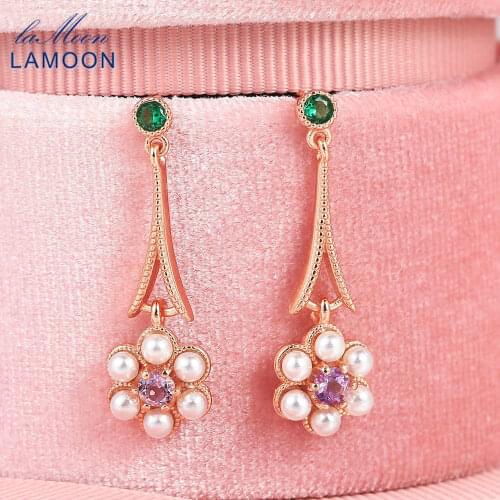 LAMOON 925 Sterling Silver Drop Earring For Women Pearl Flower Amethyst Gemstone Rose Gold Plated Fine Jewelry Korean LMEI091
