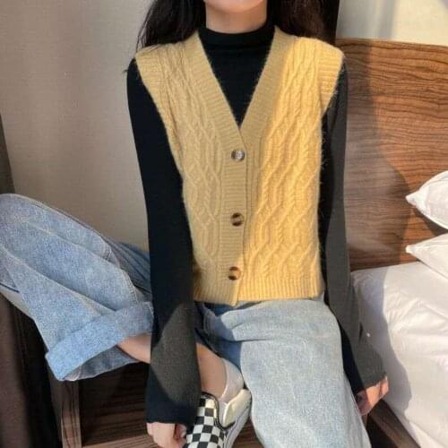 2021 Spring Autumn Womens Vest Vintage Tops Female V-neck Knit Sweater Coat Ladies Single Breasted Sleeveless Cardigan H614