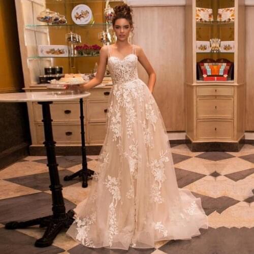 Fanweimei Bohemian Wedding Dress Sweetheart Appliques Lace Spaghetti Strap Wedding Gown Boho Bridal Dress robe de mariee